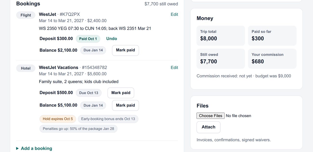 Two bookings on one trip, a WestJet flight and a WestJet Vacations hotel, each with deposit and balance, beside a money summary