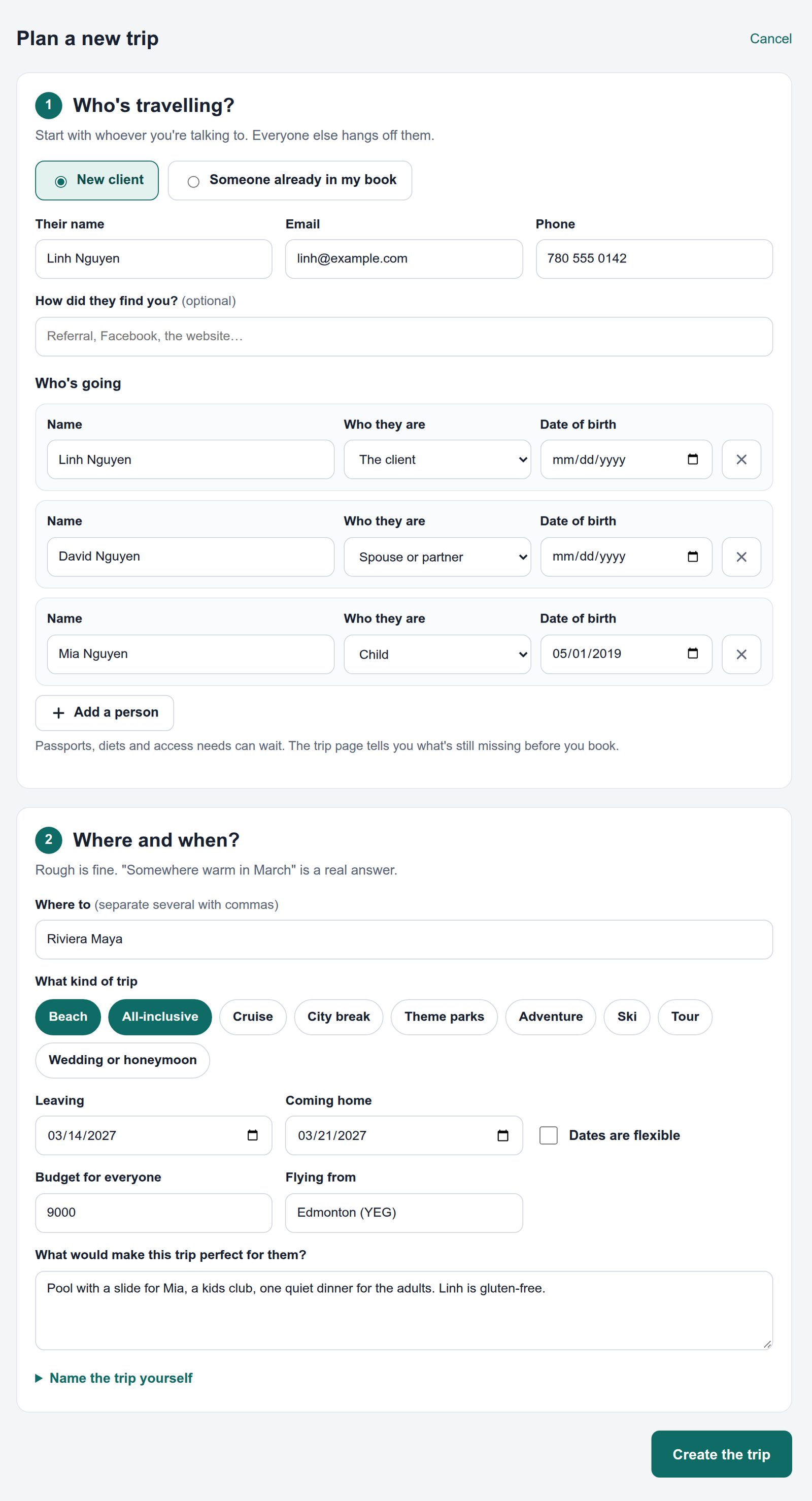 The Plan a new trip form: who's travelling, with three family members, then where and when