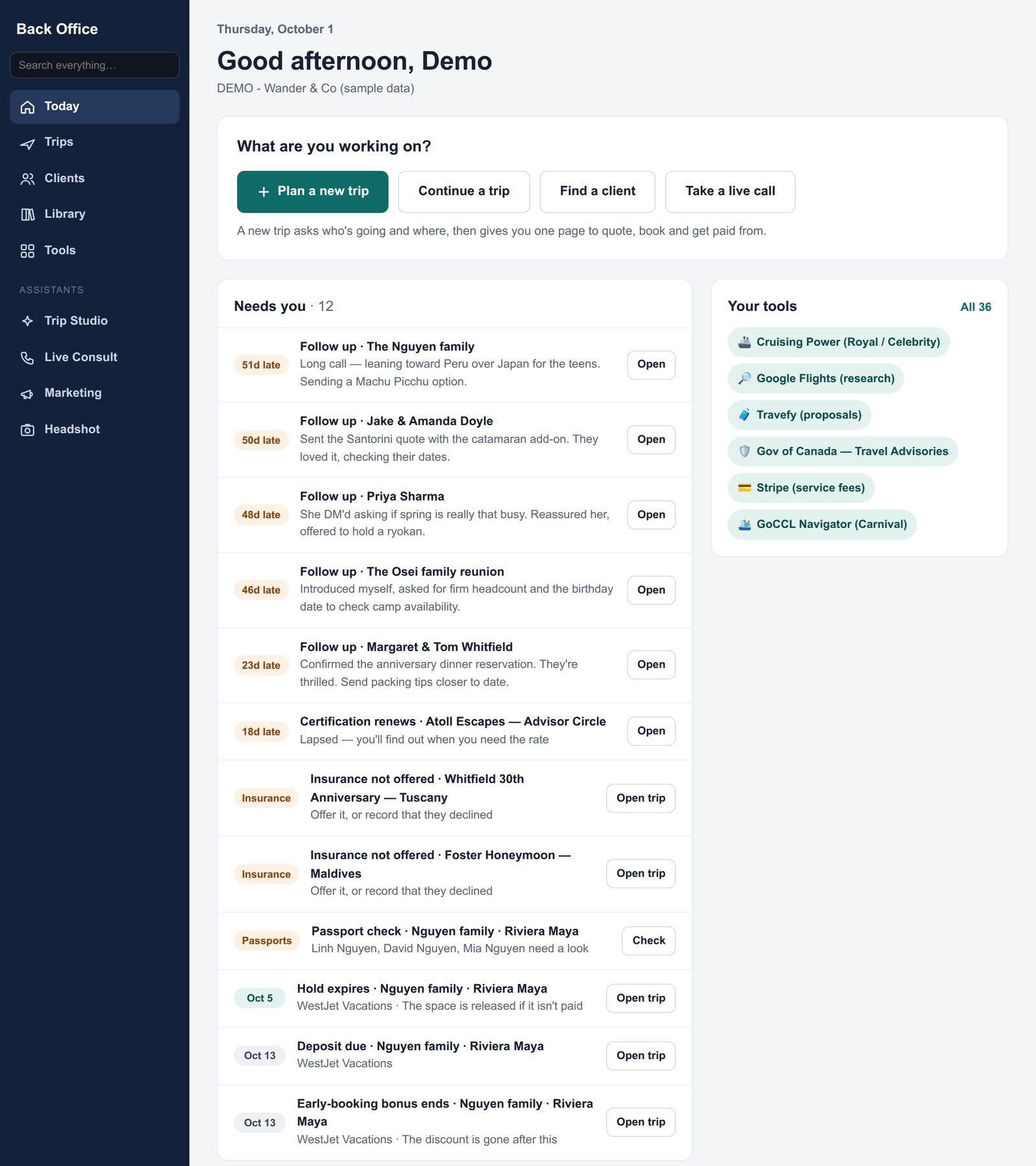 The Today page: a Plan a new trip button, a Needs you list of late follow-ups and upcoming deadlines, and your tools