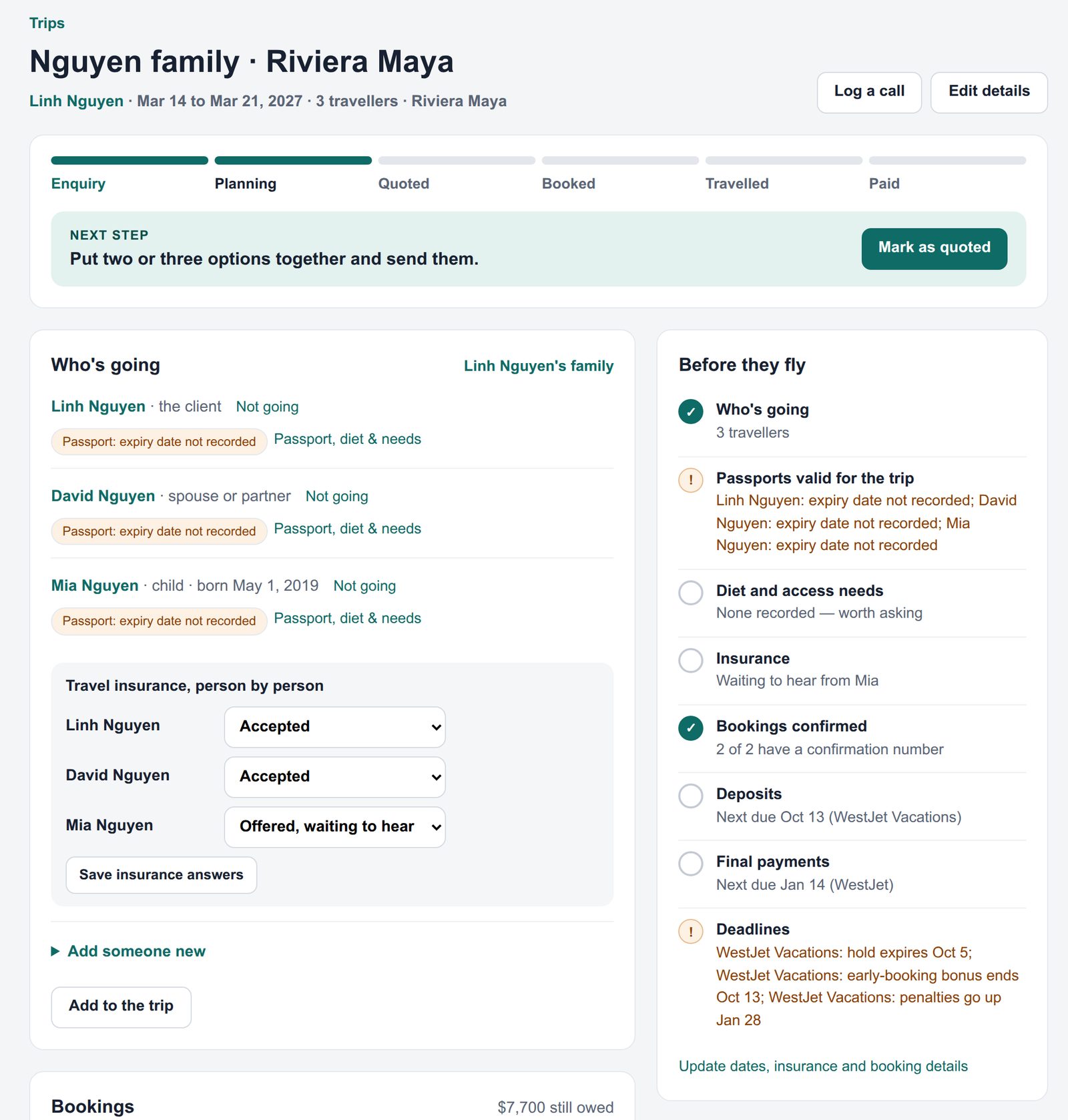 A trip page showing the trip's stage, next step, who's going and the Before they fly checklist